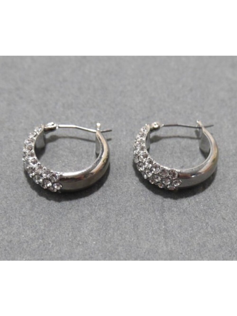 Silver tone hoop earrings with clear stones approx 3/4" long - Picture 3 of 3